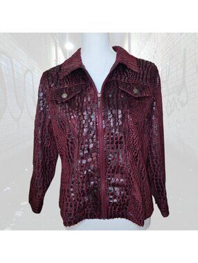 Vtg Ruby Rd Sze 12 Velvet Croc Embossed Moto Zip Jacket Texture Y2K Burgundy Red